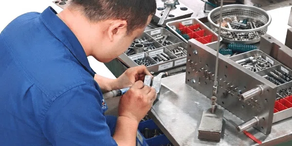 Skilled worker assembling and adjusting custom stamping mold on workbench at the Yosin Precision of factory